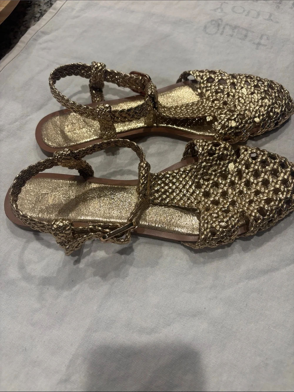 Zara Metallic Gold Braided T-Strap Sandals - Picture 2 of 2